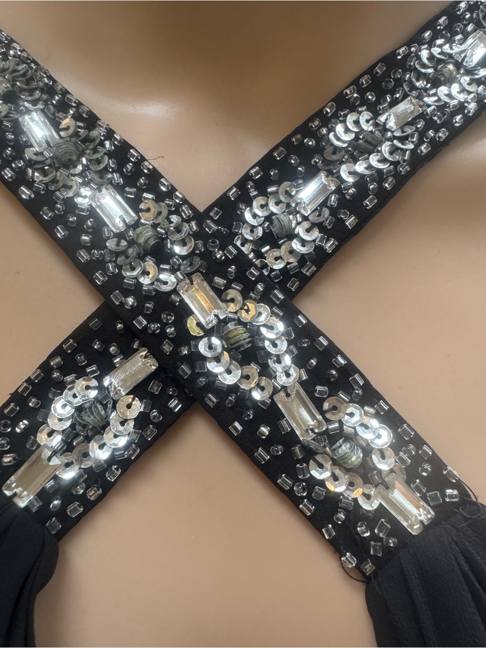 Black Chiffon Halter Evening Gown with Crystal Cross-Strap - Picture 7 of 14